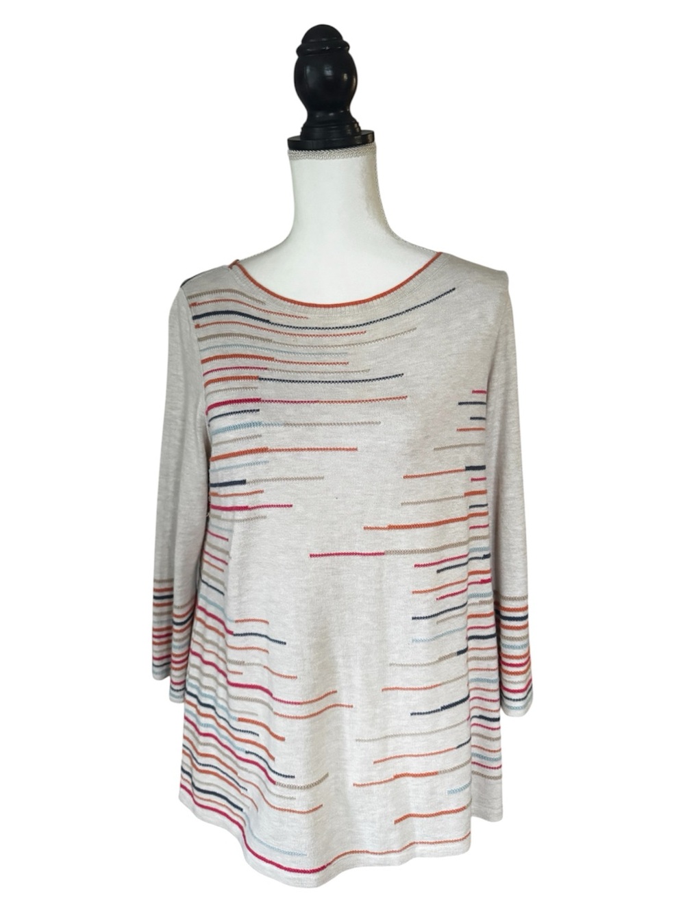 J.Jill Small Oatmeal Multicolor Stripe Boat Neck Knit Sweater 3/4 Sleeve